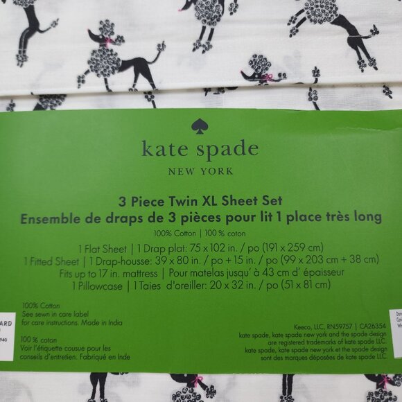 Kate Spade New York 3 Piece Twin XL Sheet Set Dancing Poodles Cotton Black White - Picture 5 of 9